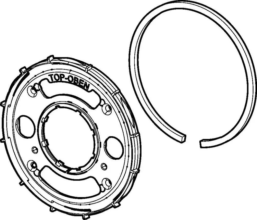 Befestigungsteil von HANSA, bestehend aus einer runden Plattenkonstruktion mit Öffnungen und einem separaten ringförmigen Element. Feature "TOP-OPEN" ist sichtbar.